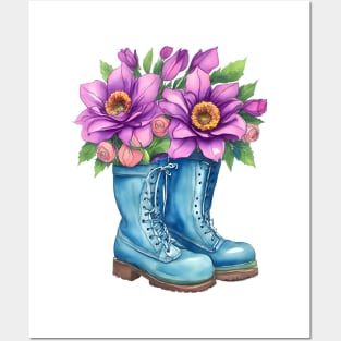 Blue Boots Purple Flower Bouquet Watercolor Flower Boots Posters and Art